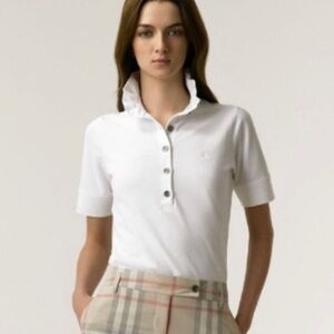 Burberry Brit London White Ruffled Collar Polo Shirt Top